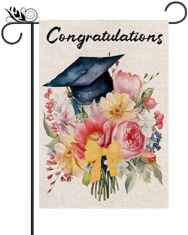 Congrats Grad Garden Flag Graduation Cap Burlap Vertical Double Sided 12.5 x 18 Inch Celebrate Decor for Graduation Schoolyard Farmhouse Outdoor Lawn Party