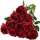 Nubry Artificial Silk Rose Flower Bouquet Lifelike Fake Rose for Wedding Home Party Decoration Event Gift 10pcs (Red)