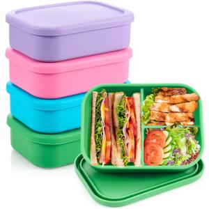 Layhit 4 Pcs Silicone Bento Box for Adults, 27 oz Bento Lunch Container Reusable 3 Compartment Lunchable Food Container for Women Men, Leak Proof Microwave Dishwasher Freezer Safe (Bright Colors)