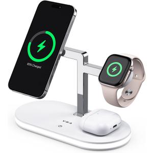 VBA 4 in 1 Wireless Charging Station for Apple MagSafe Charger,Fast Charging Magnetic Wireless Charger Stand with Night Light for iPhone 17 Air 16 15 14 13 12 Series,Apple Watch,AirPods Pro (White)