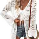 Women Crochet Cardigan Lightweight Tie Front Hollow Out Long Sleeves Summer Knit Cover Cardigans, XL