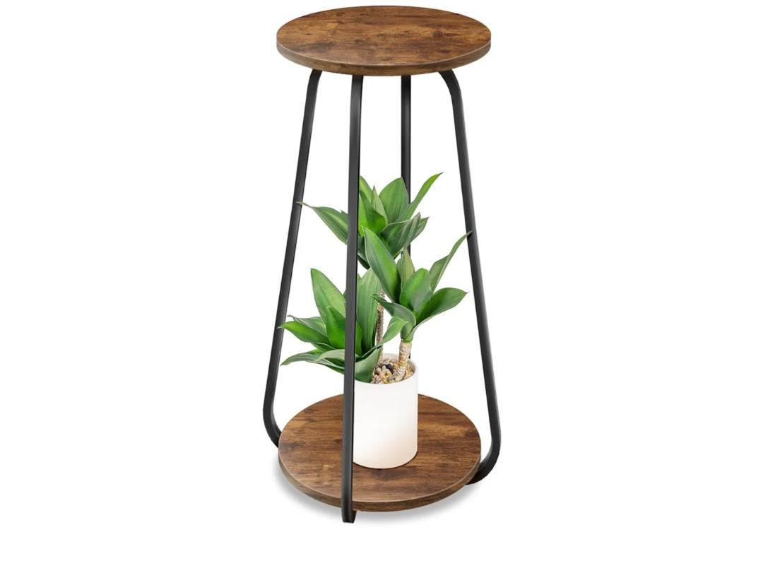Plant Stand Indoor, 2 Tier Plant Shelf Pedestal Stand Flower Stand, Metal Wood Plant Stands for Indoor Plants Living Room Balcony Deck Garden