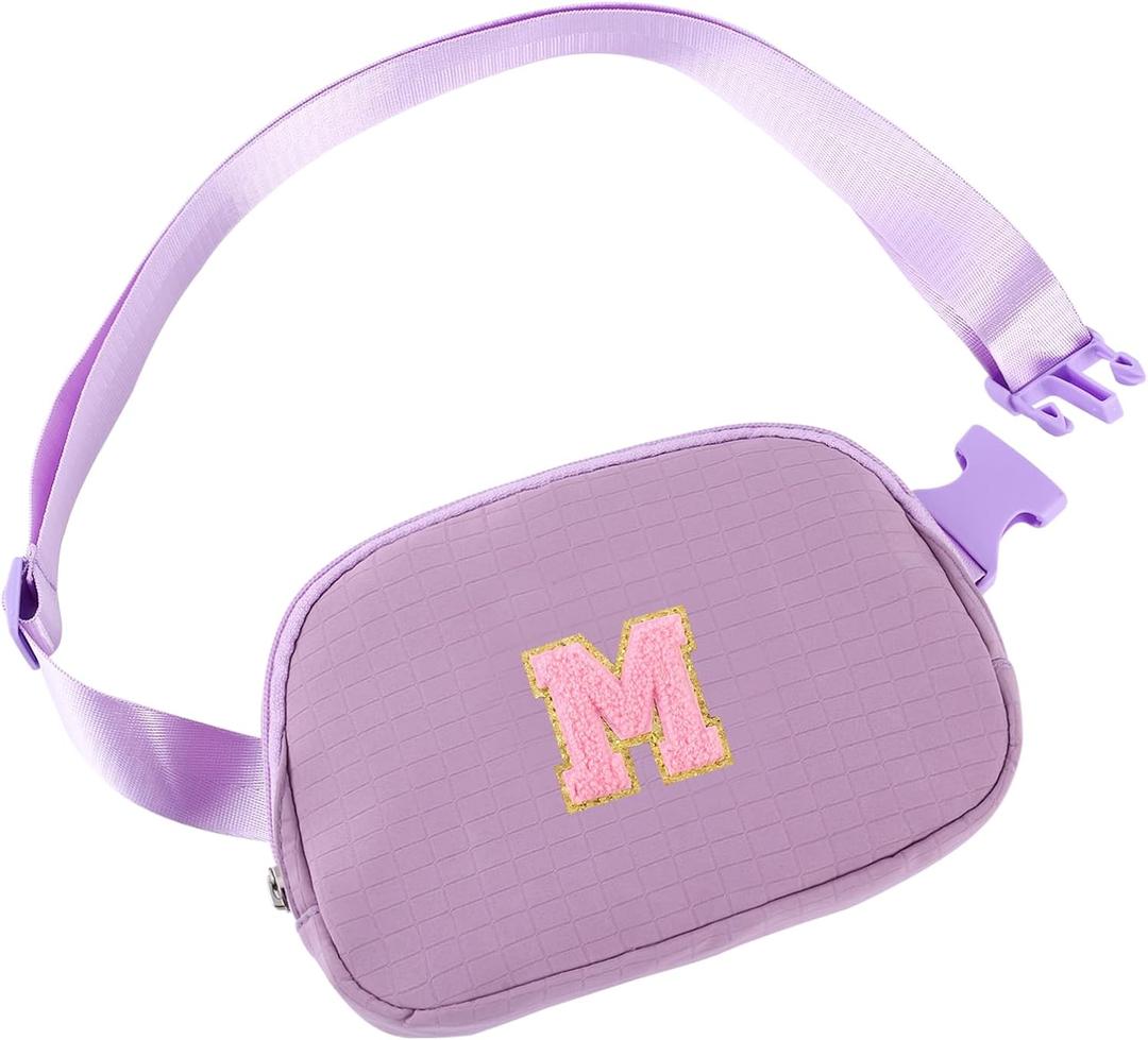 Initial Letter Patch Belt Bag Fanny Pack Crossbody Bag for Girls, Birthday Gifts for 4 5 6 7 8 9 10 11 12 13 Year Old Girls,Easter Purse Gifts for Teens Kids (Purple-M)