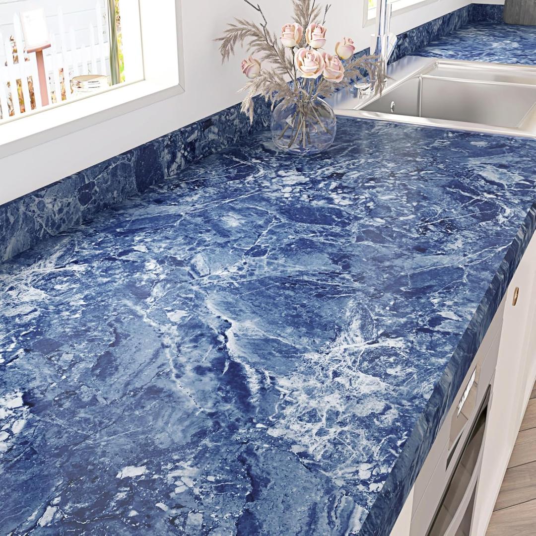 Blue Marble Peel and Stick Wallpaper Waterproof Sapphire Blue Marble Contact Paper for Countertops Self Adhesive Matte Countertop Covers Peel and Stick for Bathroom Cabinets Desk 17.7"x120"