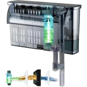Large Hang on Back Aquarium Filter 264GPH for 20-75 Gal Fish Tank, w/ U-V Light Surface Skimmer 13-Stage Green Killing Deodorization Machine Saltwater Freshwater Crystal Clear Suspension Oxygen