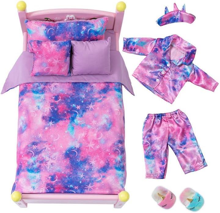 K.T. Fancy 8 PCS 18 Inch Girl Doll Clothes and Accessories: Sleeping Sheet, Pajamas, Eye Mask, Unicorn Slippers, Pillow. (Doll and bed are not included.)