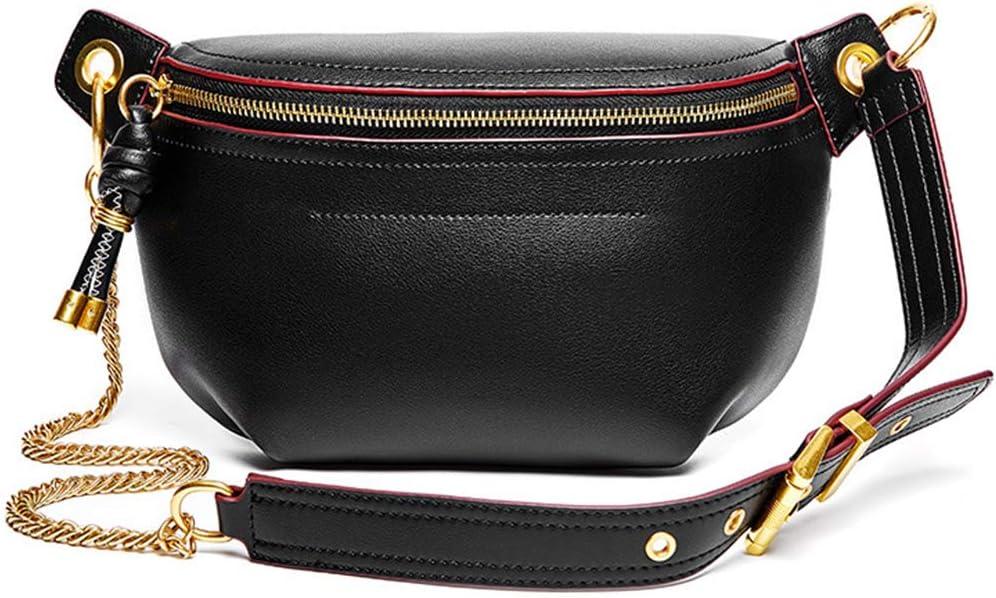 Women Chain Strap Cross-body Bags Genuine Leather Waist Bag with Zipper Closure for Daily (Black)