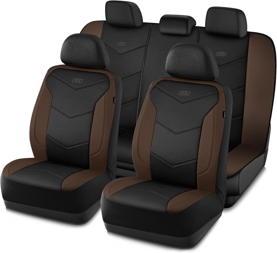 Skechers Memory Foam Seat Covers,Leather Car Seat Covers, Ultimate Comfort & Support Seat Covers Full Sets Airbag Compatible, Automotive Universal Fit Most for SUVs, Vans, Sedans, Cars, Trucks,Brown