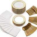 168PCS Gold Party Decorations for 24 Guests - White Paper Plates and Napkins with Gold Rim, Heavy Duty Disposable Dinnerware Set with Plastic Utensils, Forks, Knives, Spoons for Birthday