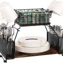 TQVAI Buffet Caddy, 2 Tier Countertop Paper Plate Organizer with Silverware Holder Mugs Hook Napkin Basket, Serving for Catering Supplies Buffet Display Hosting Thanksgiving Essentials, Black/Antique