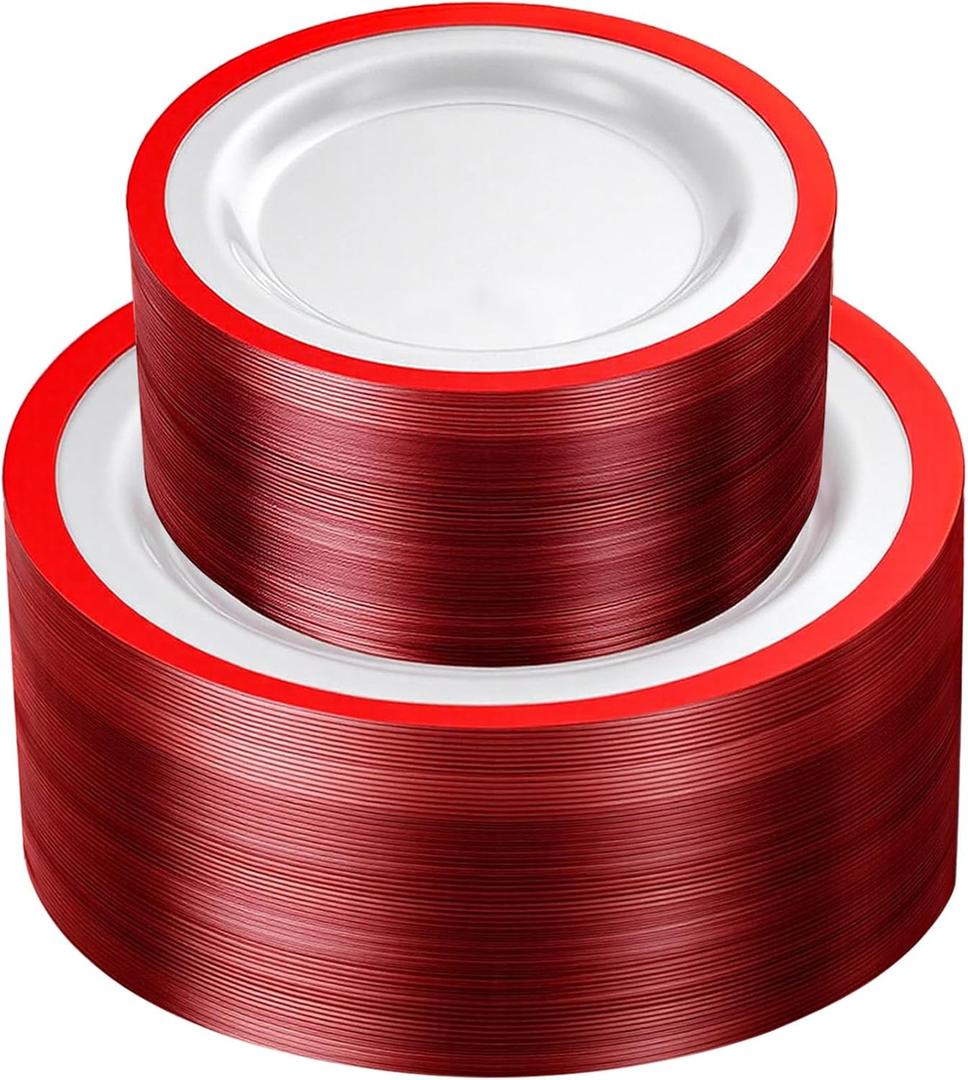 U-QE 120PCS Red Plastic Plates for Party - Red Plates Disposable Heavy Duty - Fancy Disposable Plates Include 60 10" Dinner and 60 7" Dessert Platos for Party, Weddings & Special Moments