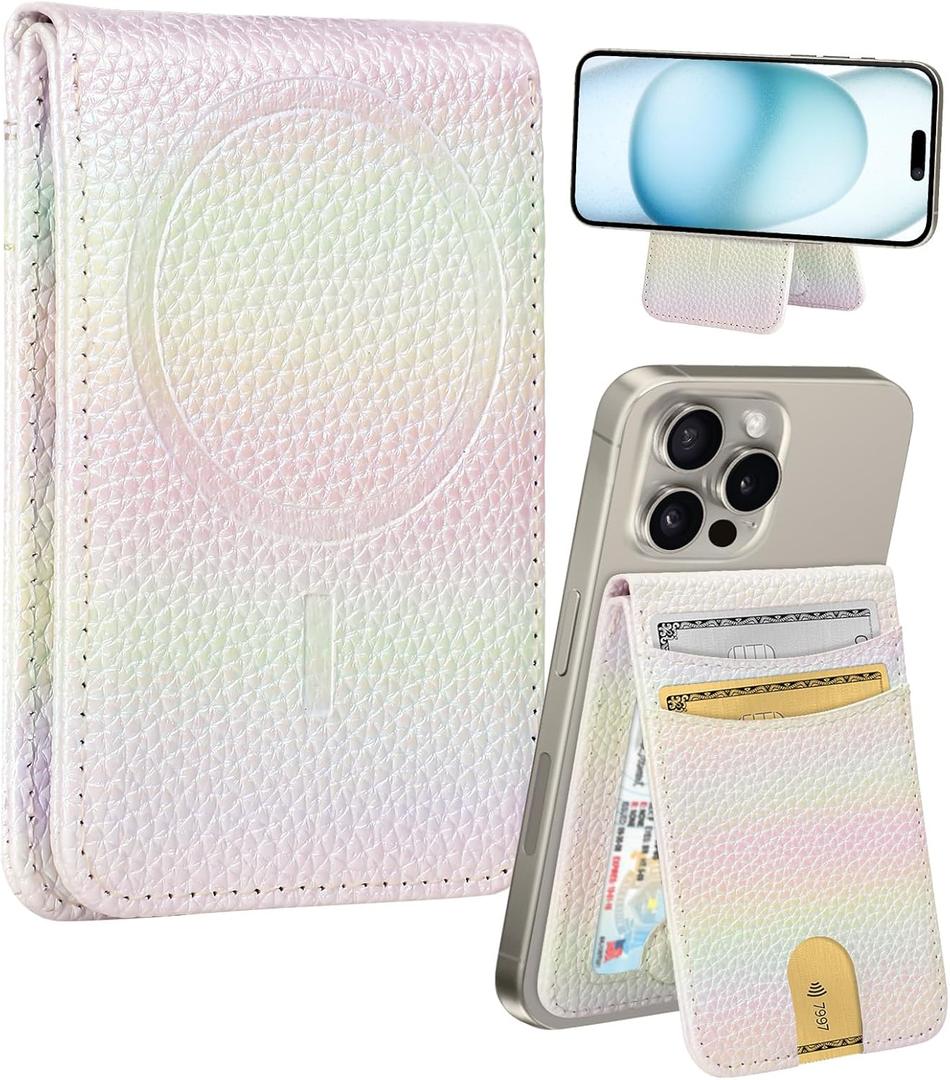 Shorogyt Compatible with Magsafe Wallet for Magnetic Card Holder for Women - Cute Phone Wallet for iPhone 17/16/15/14/13/12 Series,RFID Blocking Stand Printed Leather Fit 5 Cards,Dazzling