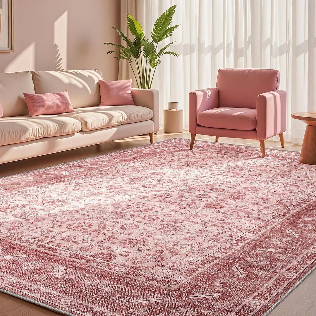 OPPODREAM Vintage Pink Area Rugs 10x14, Washable Rug for Living Room | TPR Non-Slip Backing, Retro Low-Pile Faux Cashmere Surface, 10 by 14 Distressed Carpet for Bedroom, Office, Dorm, Dining Room