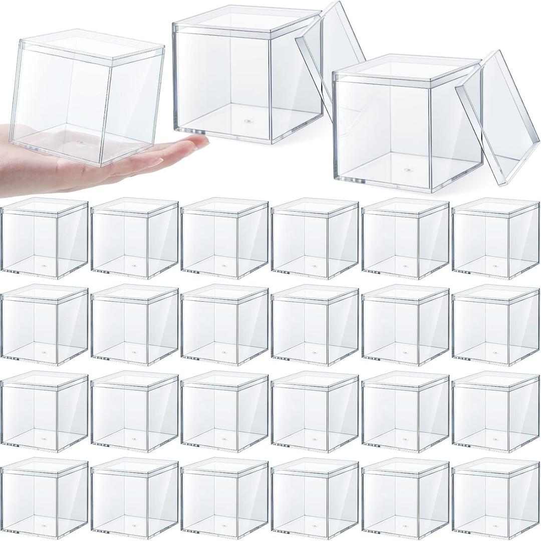 Yulejo Clear Acrylic Box with Lid Plastic Square Cube Display for Storage Stackable Container Pill Candy Jewelry Gift Card Party Favors 2.9 x Inch (24 Pieces)