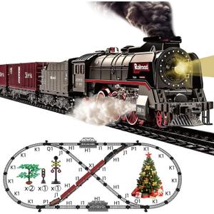 Train Set for Kids, Electric Train Toys with Realistic Light Sounds Smoke, Christmas Train Model Gifts for Toddlers Boys Girls, Steam Locomotive, Luxury Track & 3 Truck Carriages
