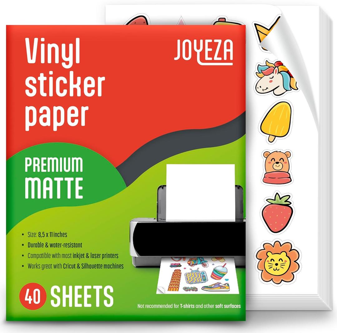 JOYEZA Premium Printable Vinyl Sticker Paper for Inkjet Printer - 40 Sheets Matte White Waterproof, Dries Quickly Vivid Colors, Holds Ink Well- Tear Resistant - Inkjet & Laser Printer (40-Pack)