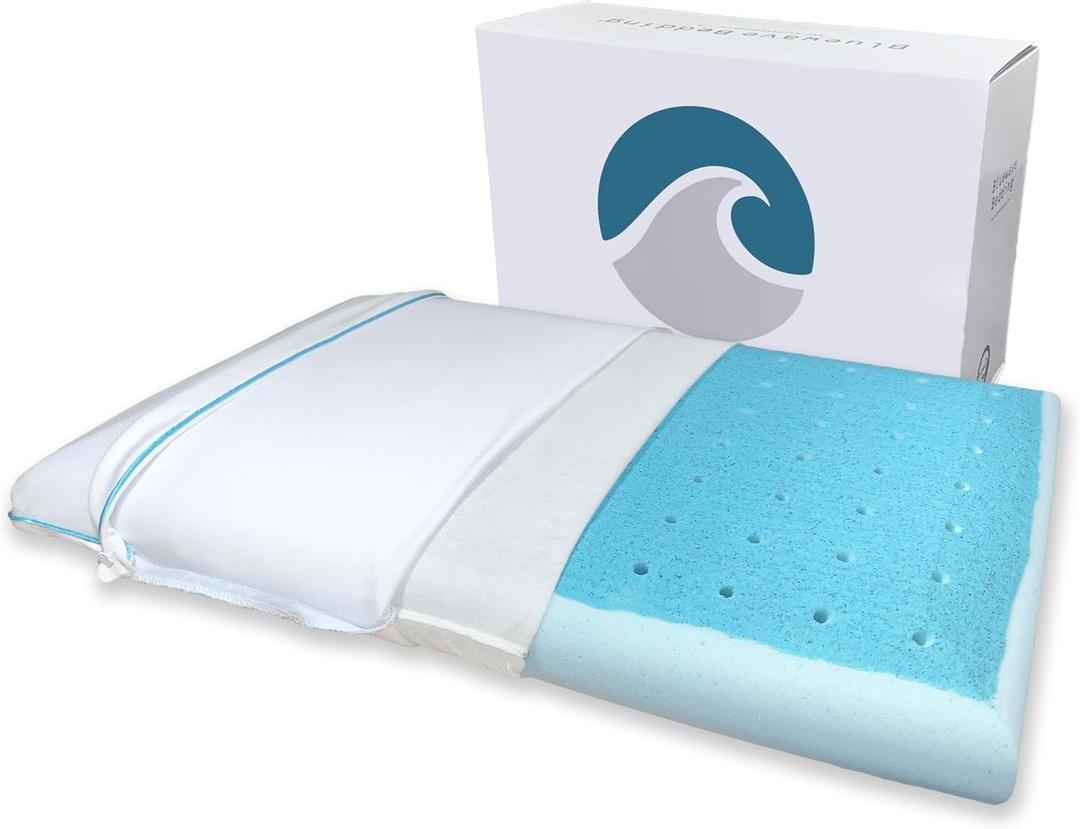 Bluewave Bedding Super Slim Max Cool CarbonBlue Gel Memory Foam Pillow for Stomach and Back Sleepers - Thin, Flat Design with Advanced Cooling (3.25-Inch Height, Standard Size)