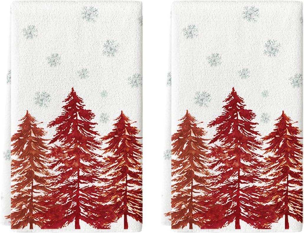 Artoid Mode Red Xmas Tree Christmas Kitchen Towels Dish Towels, 18x26 Inch Farmhouse Snowflakes Winter Decoration Cleaning Set of 2