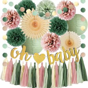 Dusty Pink and Sage Green Baby Shower Decorations Boho Oh Baby Shower Decorations for Girl Dusty Rose and Sage Green Paper Lanterns Pom Poms Beige Fans with Olive Cream Tassel Garland