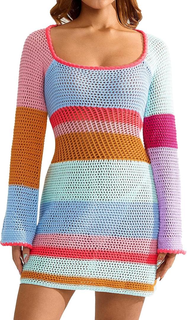 Women Crochet Knit Mini Dress Long Sleeve Colorful Mesh Cover Ups Casual Sweater Dress Summer Beach Wear (Medium)