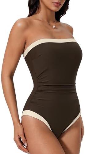 SUUKSESS Women One Piece Tummy Control Swimsuit Strapless Bandeau Bathing Suit, Large
