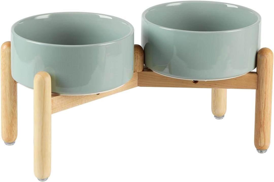 Havniva Ceramic 7.3inch Raised Double Bowls Set with Wooden Stand, Food & Water Bowls for Medium Breed Dogs, Weighted Dog Dishes, Pet Feeder(Light Green)