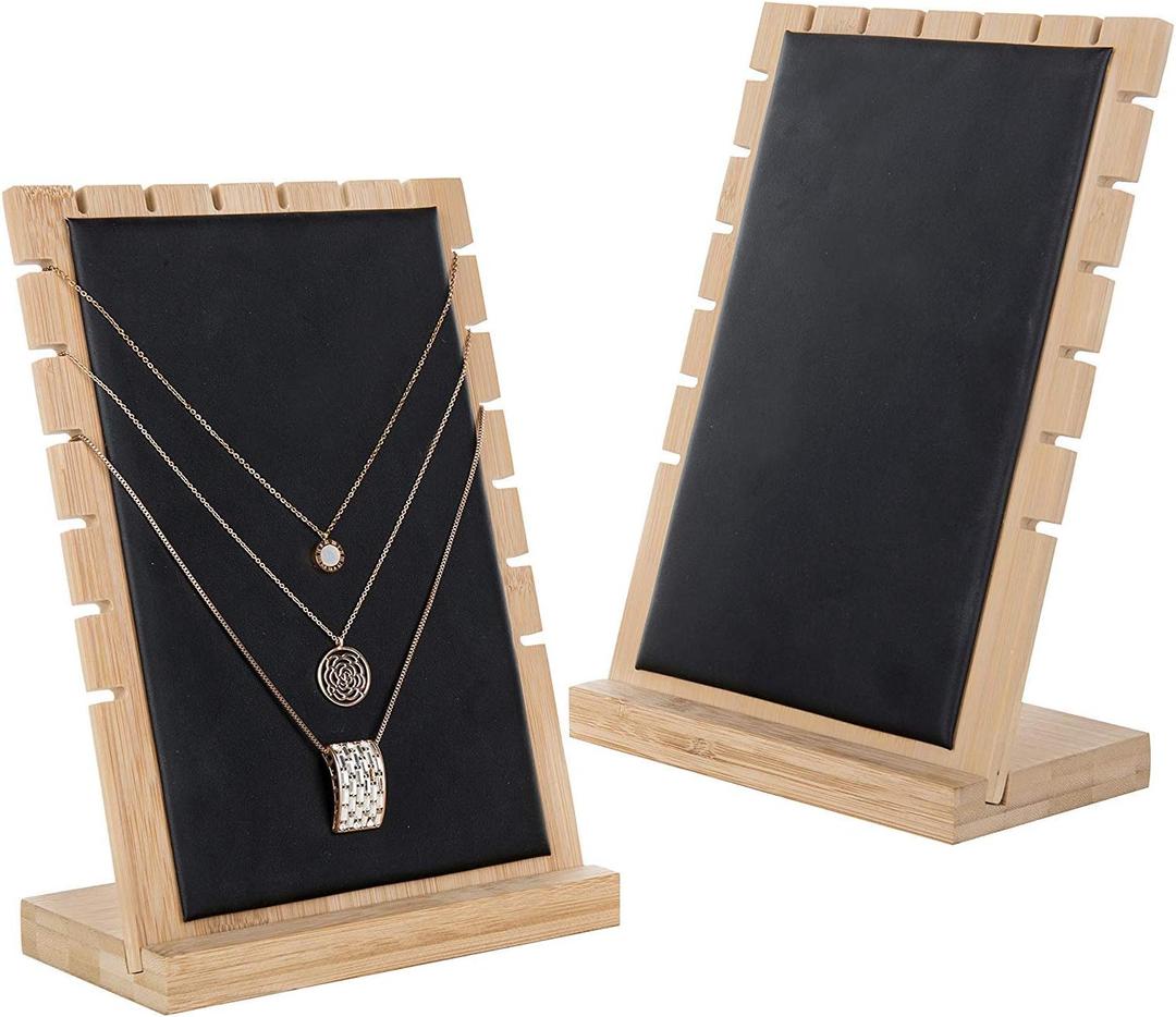 MyGift Modern Bamboo Necklace Jewelry Tabletop Display Boards, Set of 2, Black