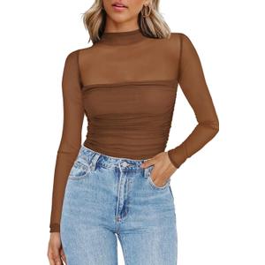 Zeagoo Womens Mesh Sheer Long Sleeve Top Mock Turtle Neck See Though Shirts Ruched Sexy Casual Going Out Blouses (Brown)