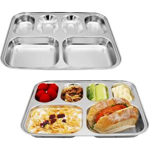 Korean Stainless Steel Divided Plates for Kids, Adults, Students, Premium 304, Electro-Polished, No Black Residue, BPA-Free, 6-Compartment Food Tray, Picky Eaters, Diet Portion Control, Set of 2