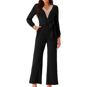 Seta T Women's Long Sleeve Jumpsuit V Neck Belted Stretchy Wide Leg Long Pant Casual Romper with Pockets (X-Large, Black)