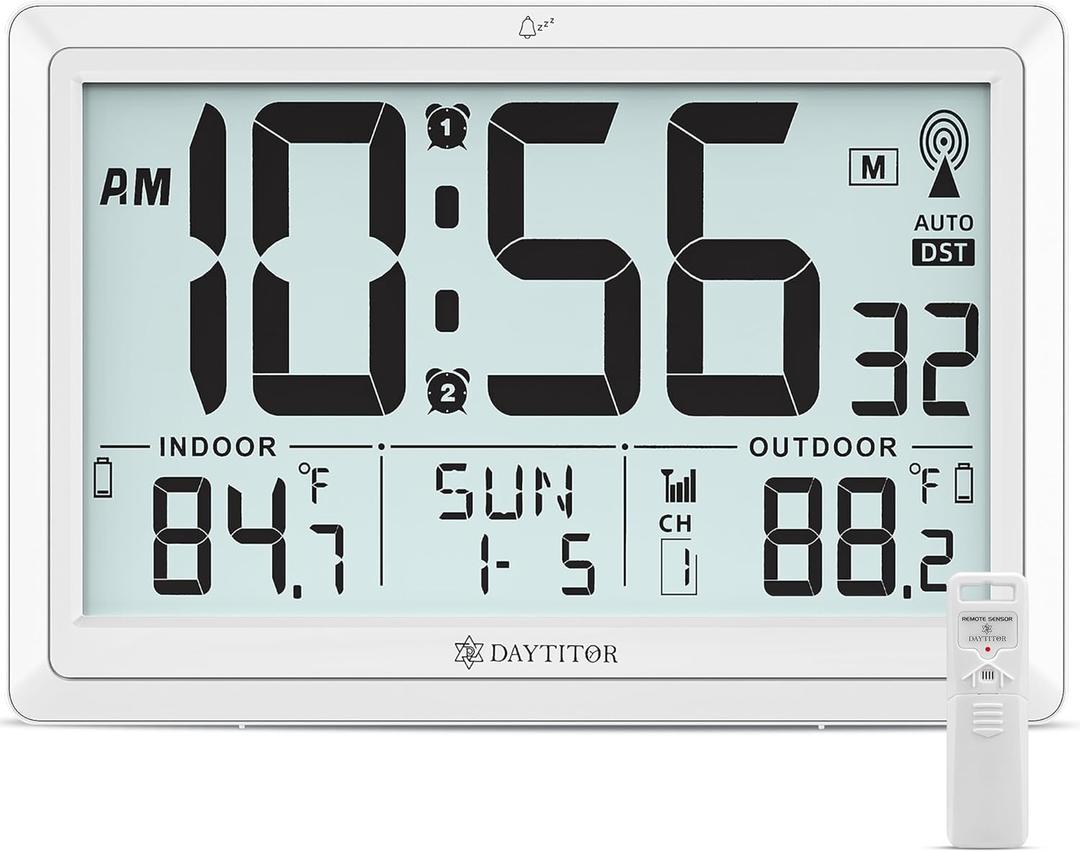 Atomic Clock Wall with Indoor/Outdoor Temp, Battery Operated Digital Wall Clock with 10.5" Large LCD Display, 330ft Range Desk Table Clock with Alarm, DST, Calendar for Living Room Bedroom, White