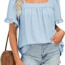 BZB Womens Summer Peplum Tops Sqaure Neck Ruffle Sleeve Blouses Fit Flowy Shirts S-2XL (Blue, S)