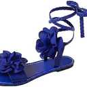 GORGLITTER Women's 3d Flower Lace Up Sandals Floral Braided Open Toe Strappy Tie Up Beach Slide Shoes 2025 Blue Size 40