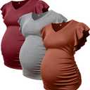 Maternity Shirts 3 Packs Flying Short Sleeve Pregnancy Tops V Neck Side Ruched Tees (Medium, Wine Red / Grey / Caramel)