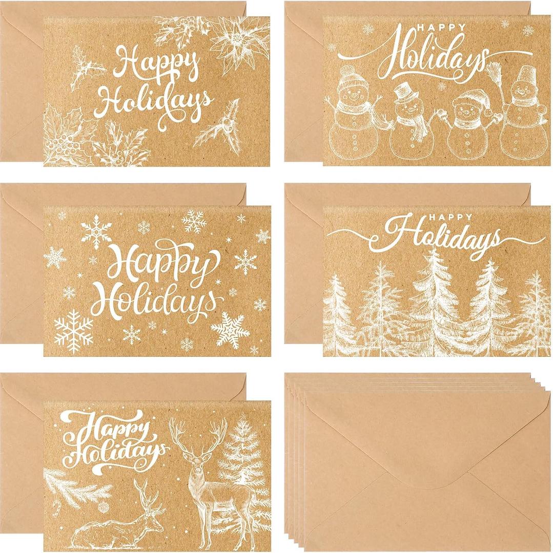 Motiskyy 200 Pack Kraft Merry Christmas Greeting Cards with Envelopes Bulk 4 x 6 in Holidays Cards Bulk Brown Xmas for Winter Festival Party Supplies Gift with Tree deer Snowman Snowflake Pattern