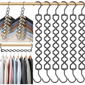6 Pack Space Saving Hangers for Clothes, Heavy Duty 30Lbs Capacity Magic Clothes Space Saver Sturdy Metal Hanger Organizer with 360 Swivel Hook, Closet Organizers Storage Dorm Essentials Black