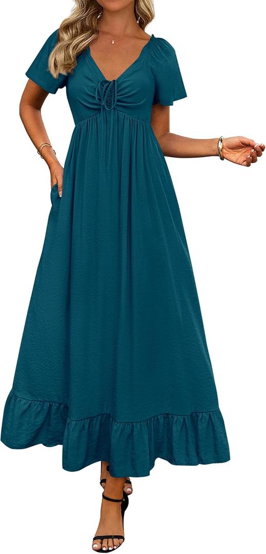 BTFBM Womens Summer Dresses 2026 Casual Short Sleeve V Neck Drawstring Wedding Guest Maxi Dresses Boho Beach Long Dress (XL)