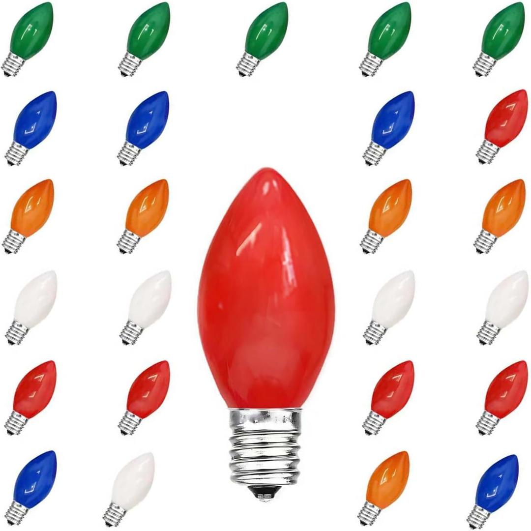 C7 LED Replacement Bulbs, 25 Pack Multicolor Christmas Light Bulbs for Outdoor String Lights, Patio Xmas Tree Holiday Party Wedding Prom Decor, E12 Candelabra Base (Colorful)
