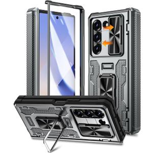 Caka Case for Galaxy Z Fold 6 - Full Body PC & TPU Dual Layer Shockproof Case with Ring Stand, Screen Protector, Hinge Protection & Slide Camera Cover, Silver