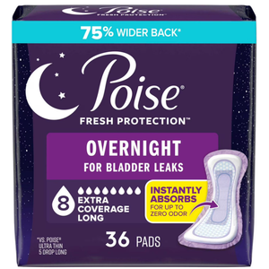 Poise Overnight Incontinence & Postpartum Pads for Bladder Leaks, 8 Drop Extra Coverage, 36 Count