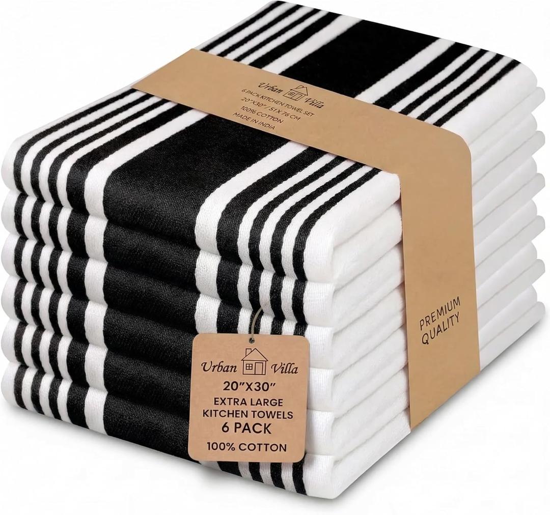 Urban Villa Kitchen Towels 100% Cotton Dish Towels for Kitchen (Set of 6)20x30 Dish Cloths Highly Absorbent Kitchen Linen Set with Hanging Loop Perfect for Drying Dishes Cleaning Towels-Black White