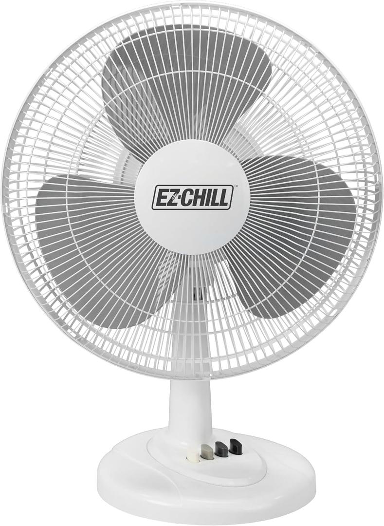 EZ-CHILL 16 Oscillating Table Fan with Adjustable Tilt, Convenient Push Button Controls, Quiet, 3 Speed, Desk Fan, Airflow 15.75 ft/sec, Ideal for Home, Bedroom, Dorm & Office, MTFD-16 (White)