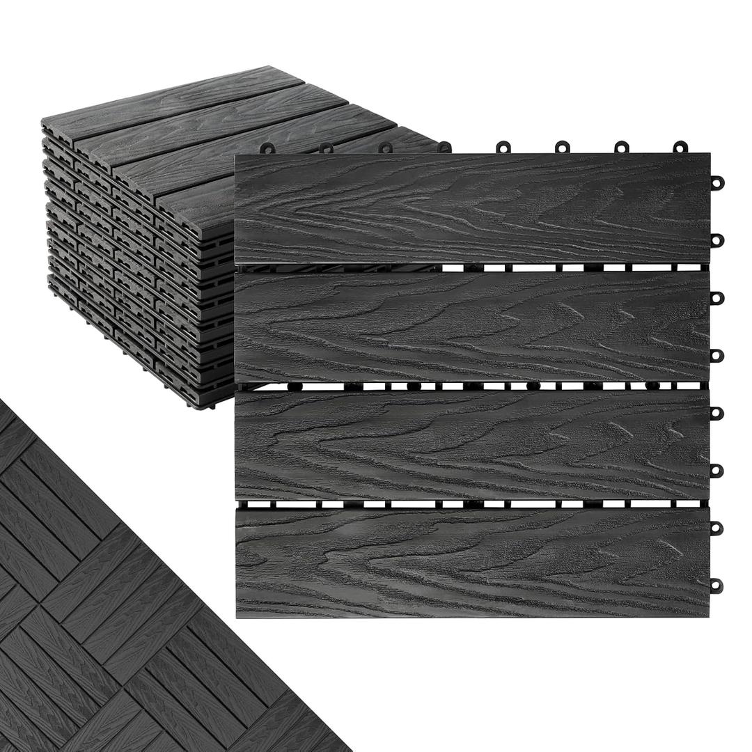 Polymer Interlocking Composite Deck Tiles Outdoor(10Pcs,Black)