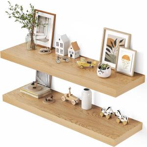 Dreamland 48" Floating Shelves for Wall, 12" Deep Thicker Oak Floating Shelves, Wall-Mounted Shelves for Bedroom, Living Room, Kitchen, Bathroom - Set of 2