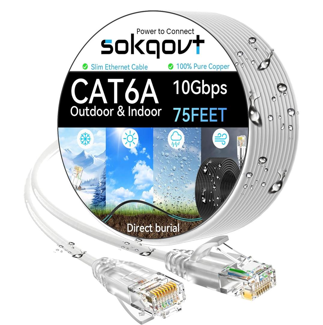 Cat6a Ethernet Cable Slim 75ft Outdoor&Indoor, 28AWG Pure Copper Cat6 Internet Cable for Waterproof & Direct Burial, Flexible Cat6 Ethernet Cable 10G 550MHZ, Cat 6 Network cable for Indoor White