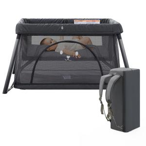 Travel Crib, Portable Crib for Baby, Pack and Play for Babies and Toddler, Lightweight Backpack Design, Foldable Travel Baby Playpen with Mattress(Dark Grey)