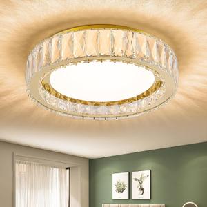 15 Inch Dimmable LED Crystal Flush Mount Ceiling Light,Gold 5CCT
