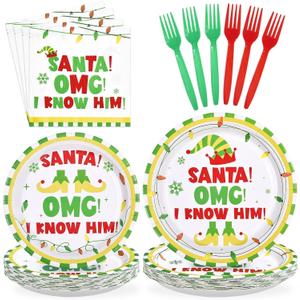 96Pcs Christmas OMG Party Supplies Funny Xmas Movie Party Plates and Napkins Disposable Santa OMG Tableware Set for Christmas Baby Shower Decorations Serves 24