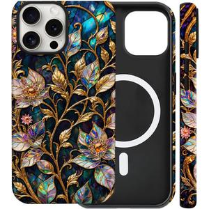 Magnetic for iPhone 15 Pro Max Case Vintage Gold Floral Art Phone Case, Elegant Botanical Stained Glass Shockproof Slim TPU and Hard PC Protective Phone Cover Compatible with MagSafe Gift for Women