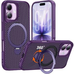 Designed for iPhone 17 Case with 360 Magnetic Stand, Carbon Fiber Phone Case [Compatible with Magsafe] [15FT Military Protection] with Stand Ring 6.3'', Deep Purple